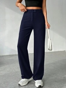 SHEIN EZwear 女士纯色前扣简约休闲长裤，适合日常穿着