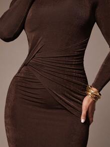 Silquee Váy dài cổ tròn tay dài dự tiệc thanh lịch cho nữ, vải co giãn hai lớp, thiết kế xoắn màu kaki chất lượng cao, thích hợp mặc đi làm hàng ngày, có thể mặc trong nhà hoặc ngoài trời, lễ Tạ ơn, Giáng sinh, trang phục đêm giao thừa - Cà phê nâu - Xem 8