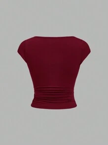 SHEIN Essnce 2 chiếc áo thun cổ tròn tay ngắn ôm vừa vặn eo đơn giản dành cho nữ - Màu Đỏ Sâu - Xem 4