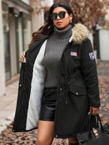 Calvaya Plus Size Women Letter Printed Cinched Waist Long Sleeve Hooded Padded Long Parka, Winter Clothes Jacket Coat - Black - View 1