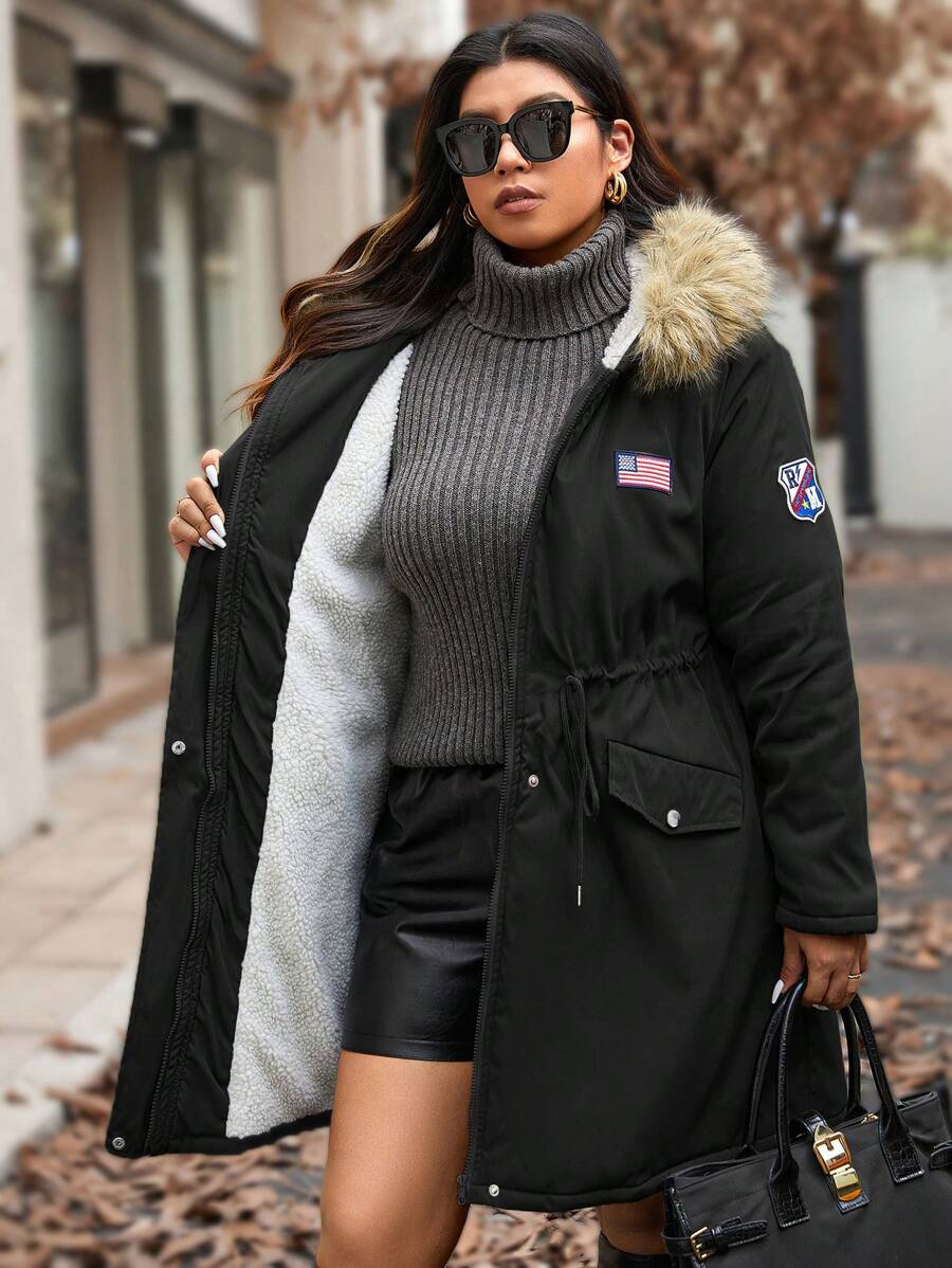 Calvaya Plus Size Women Letter Printed Cinched Waist Long Sleeve Hooded Padded Long Parka, Winter Clothes Jacket Coat - Black - View 1