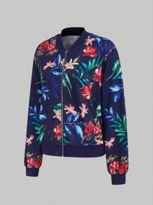 EMERY ROSE Women's Spring And Autumn Tropical Plant Printed Zipper Front Casual Baseball Jacket Fall Winter Cloth For Women - Multicolor - View 4