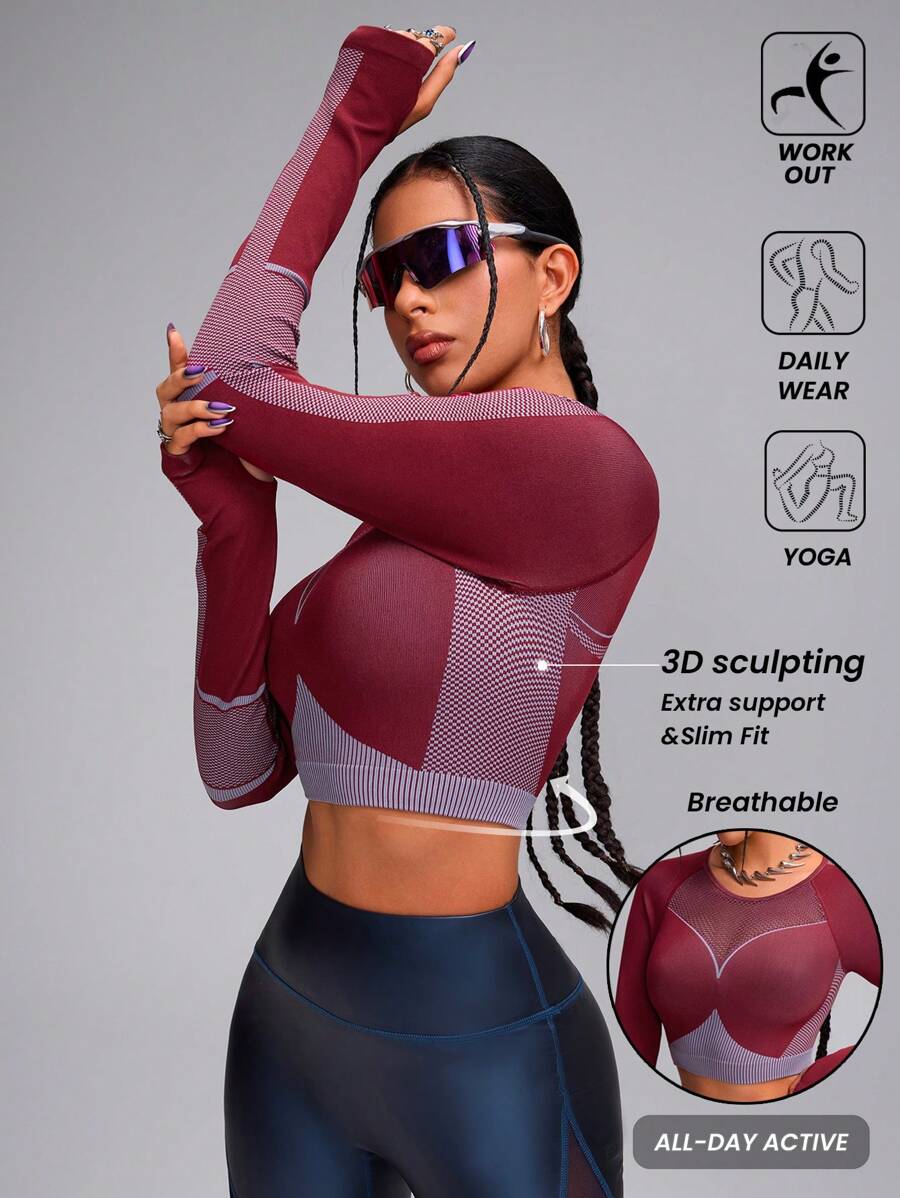 Innovista 无缝3D立体塑形蛇纹修身透气网状结构运动卫衣上衣，性感长袖上衣，适合徒步、露营、跑步、健身、日常户外活动、秋冬女装，核心运动，情人节秋季新款女式3D立体塑形，实用时尚 - 酒紅色 - 查看 1