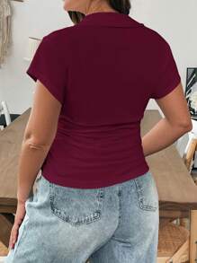 SHEIN Essnce Plus Size Women's Summer And Autumn Casual Comfortable POLO Collar Red Short-Sleeved Plain Teacher Fitted T-Shirt, Curve Tops, Back To School Basic Burgundy Top, New Year, Summer