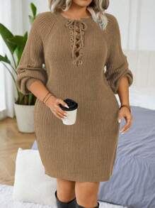 Calvaya Plus Size Solid Color Tie Front Long Sleeve Minimalist Casual Cropped Sweater Dress, For Winter