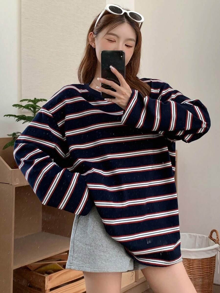 DAZY Striped Loose Drop Shoulder Long Sleeve Round Neck Women T-Shirt,Fall Clothes