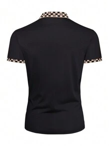 Manfinity Mode Men's Solid Color Contrast Placket Long Sleeve Printed Casual Polo Shirt - Black - View 2