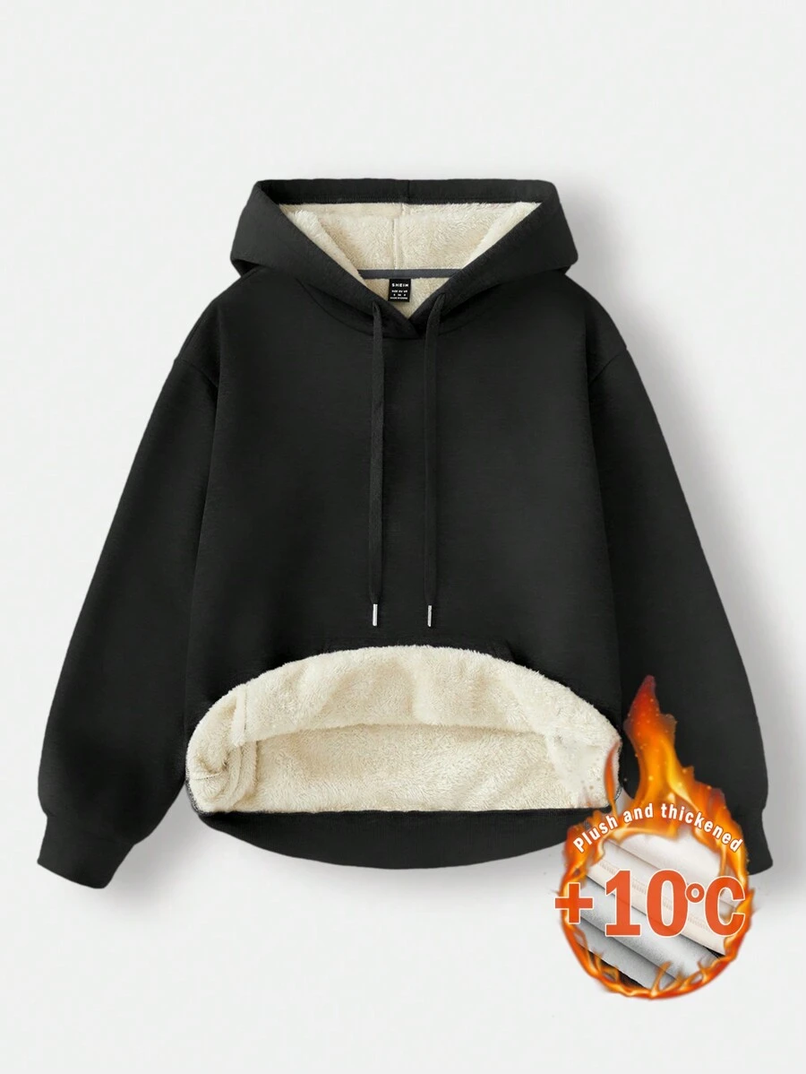 SHEIN EZwear Áo nỉ trùm đầu dày cổ cao màu đen rộng rãi thoải mái có dây rút cho nữ, thích hợp cho mùa thu/đông - màu đen - Xem 1