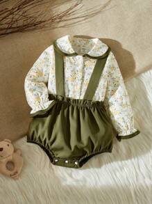 SHEIN Baby Girls' Autumn Fresh Floral Print Top With Contrast Details And Bib Overalls - Multicolor - View 1