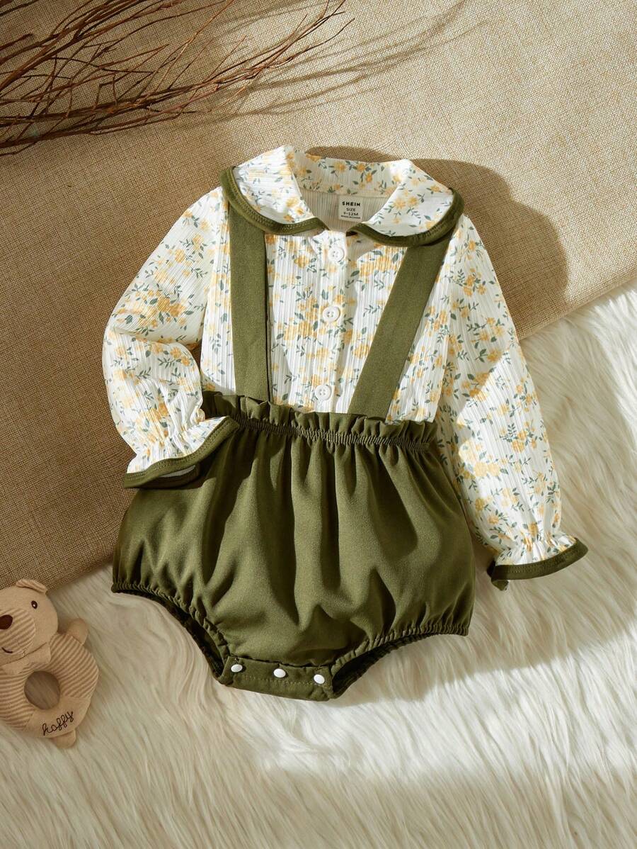 SHEIN Baby Girls' Autumn Fresh Floral Print Top With Contrast Details And Bib Overalls - Multicolor - View 1