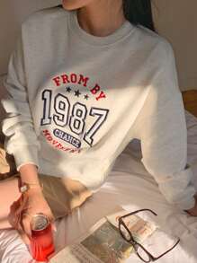 DAZY Women Letter Embroidered Loose Fit Long Sleeve Sweatshirt - Grey - View 1