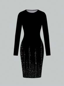 Glamance ORANGE STUDIO Women Black Midi Dresses Long Sleeve Round Neck Elegant All Over Print,Plain Summer Outfits For Women Summer Dress For Women Sundress For Women Vacation Dress Going Out