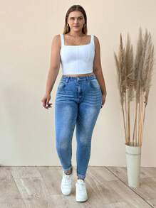 SHEIN Cottnline WOMEN PLUS SIZE SKINNY HIGH WAIST JEANS - Light Wash - View 6