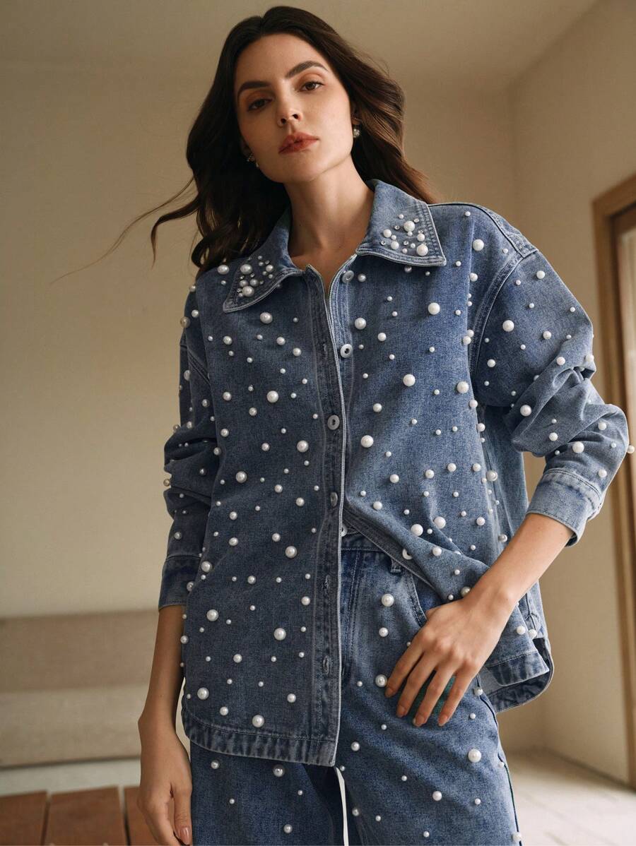 Anewsta 时尚优雅的现代女士珍珠水钻装饰纽扣长款牛仔衬衫，新年 - 藍色 - 查看 1