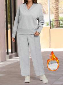 SHEIN LUNE 2 pièces/Set Top décontracté à manches longues et col en V, et pantalon pour femmes - Gris - Voir 5