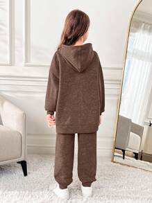 SHEIN Conjunto de 2 piezas de niña preadolescente con sudadera con capucha holgada y cómoda y pantalones
