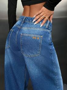 EURMUSE Women Casual Front Button Pocket Simple Design Denim Long Pants, Daily Wear - Medium Wash - View 5