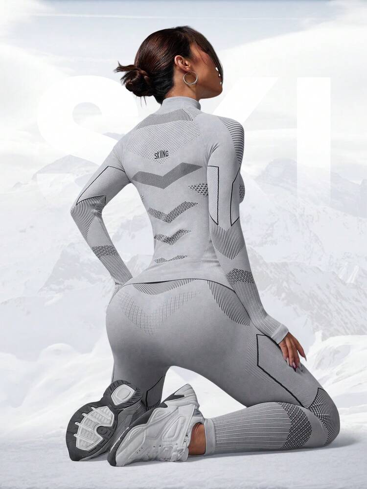 女士长袖拼色保暖滑雪服套装健身套装 - 深灰色 - 查看 5