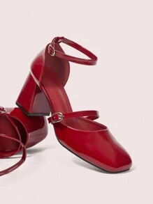 CUCCOO DOLLMOD Women's Mary Jane Pumps, Square Toe, Red, Buckle Strap, Chunky Heels Spring Shoes Spring Break Easter - Red - View 3