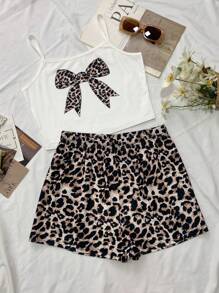 SHEIN Leap Crew 2pcs Teen Girl Casual Bowknot Cami Top & Leopard Print Shorts Pajama Set, Comfortable & Flame Retardant, Suitable For Valentine's Day, Cute Clothes - Multicolor - View 5