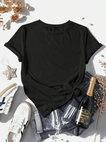 SHEIN EZwear 休闲新年快乐 2025 金色印花图案黑色宽松圆领短袖女式 T 恤，新年服装 - 黑色 - 查看 2
