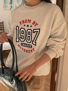 DAZY Women Letter Embroidered Loose Fit Long Sleeve Sweatshirt - Grey - View 7