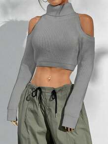 SHEIN Unity Suéter de mujer con hombros abiertos, de estilo minimalista de cuello alto, de punto, para uso casual y diario en otoño e invierno - Gris Claro - Ver 7