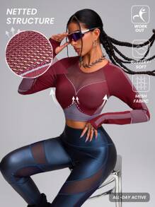 Innovista 无缝3D立体塑形蛇纹修身透气网状结构运动卫衣上衣，性感长袖上衣，适合徒步、露营、跑步、健身、日常户外活动、秋冬女装，核心运动，情人节秋季新款女式3D立体塑形，实用时尚 - 酒紅色 - 查看 3