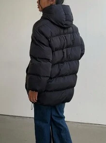 Aloruh 女士时尚厚连帽棉质中长外套，黑色 - 黑色 - 查看 2