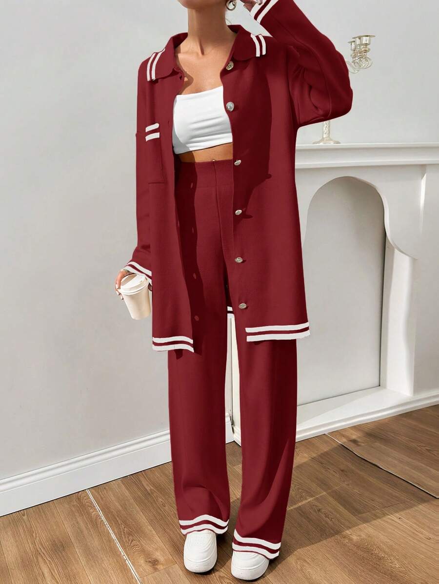 EURMUSE Women Stripe Pattern Pocket Detailed Front Button Cardigan & Sweater Pants Set - Burgundy - View 1