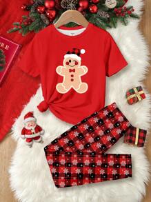 SHEIN 2 件圣诞驯鹿格子雪花印花卡通设计短袖圆领 T 恤和紧身裤家居服套装，适合青少年女孩，秋冬季舒适合身 - 彩色 - 查看 1
