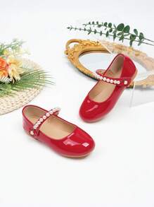 Fashion Girls' Faux Pearl Soft Bottom Princess Shoes, New Stylish And Versatile Flat Shoes - Red - View 2