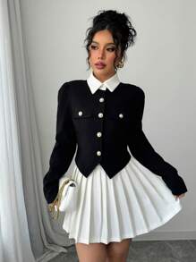 Elenzga Conjunto de chaqueta de manga larga de solapa única elegante y falda midi plisada para mujer