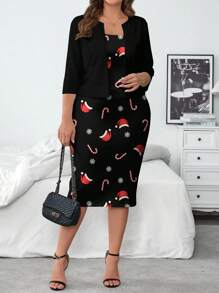 SHEIN Clasi 2 件套：休闲纯色夹克和圣诞印花连衣裙，适合秋冬季 - 彩色 - 查看 3