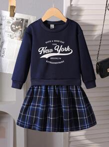 SHEIN Young Girls Digital Letter Print Round Neck Long Sleeve Plaid Hem Loose Casual Dress, Spring/Autumn