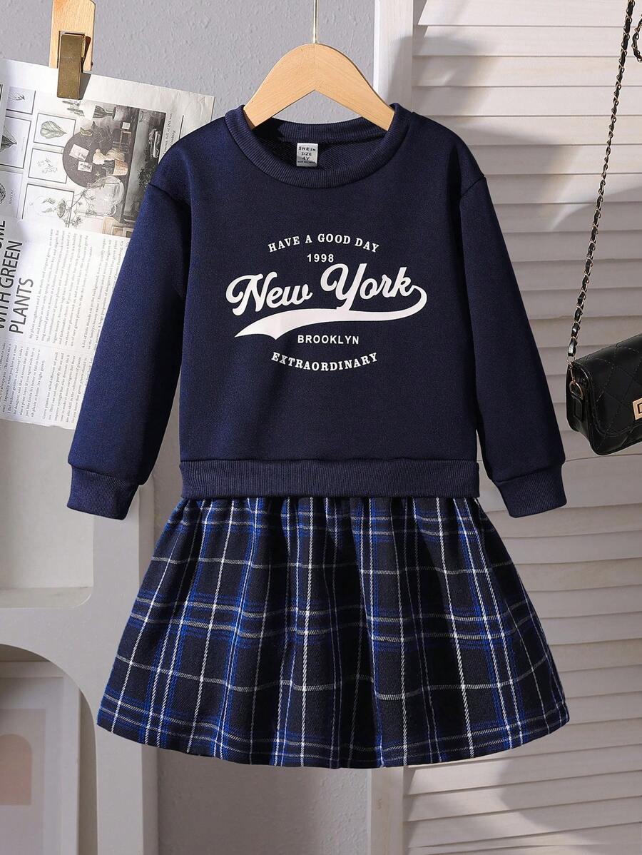 SHEIN Young Girls Digital Letter Print Round Neck Long Sleeve Plaid Hem Loose Casual Dress, Spring/Autumn