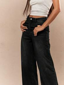 MISSGUIDED Pantalones vaqueros de pierna ancha clásicos, de tiro alto, con dobladillo crudo y desgastado, de ajuste relajado para uso diario y casual, declaración de moda de otoño e invierno, estilo retro, cómodo, estética Y2K