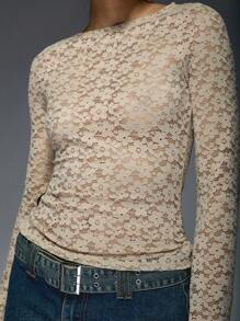MISSGUIDED Sheer Lace Flared Long Sleeves Cowl Back Top - Camel - View 3