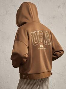 AKNOTIC Business Casual 男士针织字母贴花宽松落肩拉链运动衫，适合秋冬季节，街头装度假长袖全拉链连帽衫，适合朋友、丈夫、男朋友的礼物 - 棕色 - 查看 3