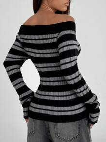 Flirla 女士休闲条纹露肩针织毛衣，秋冬针织套头衫 - 黑色 - 查看 2