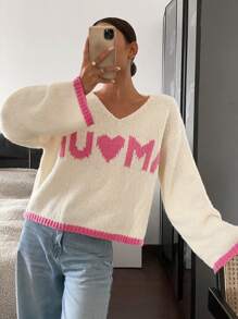 SHEIN Frenchy Women's Colorblock Letter Graphic Casual Blouse, Simplistic Design For Everyday Wear Winter Thanks Giving - Apricot - View 1