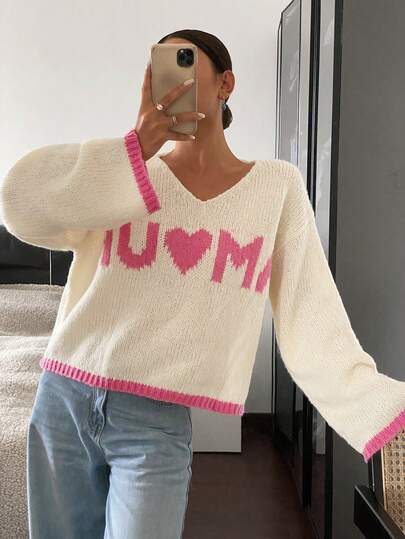 SHEIN Frenchy Women's Colorblock Letter Graphic Casual Blouse, Simplistic Design For Everyday Wear Winter Thanks Giving