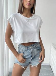 INAWLY Solid Color Loose Fit Crew Neck Sleeveless Top - White - View 6