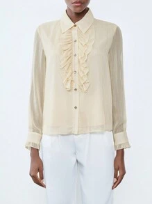 Chiquease 金色金属条纹纯色雪纺面料开衫，长袖，荷叶边领和饰边，宽松版型，优雅女士工作休闲衬衫，春秋女士衬衫 - 杏色 - 查看 6