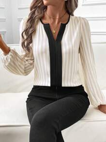 SHEIN Clasi 女士条纹 V 领长袖衬衫，适合通勤和日常外出，春夏季 - 彩色 - 查看 6