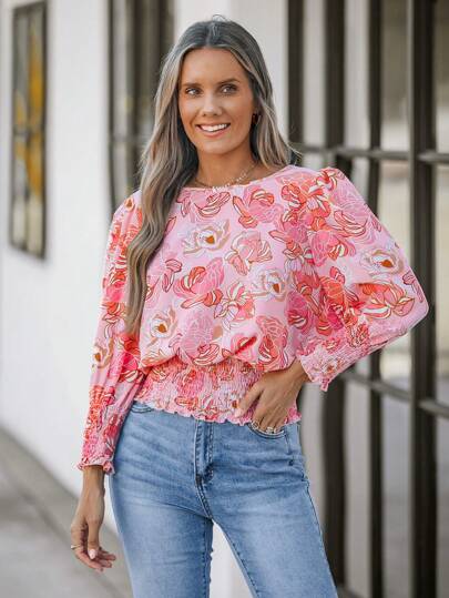 SHEIN LUNE Women's Round Neck All Over Floral Print Casual Shirt With Gathered Cuffs And Waistline,Going Out Top