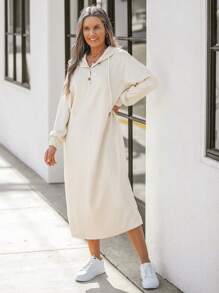 SHEIN LUNE 女士秋冬长袖连帽半襟纽扣长连衣裙 - 卡其色 - 查看 5
