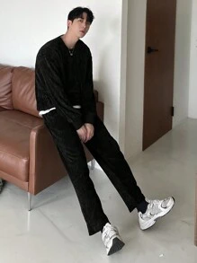 DAZY 2 件男士纯色圆领运动衫和运动裤套装，秋季服装 - 黑色 - 查看 8