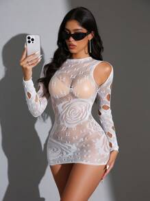 1 chiếc váy lưới gợi cảm cho nữ, khoét rỗng và trong suốt - trắng - Xem 6