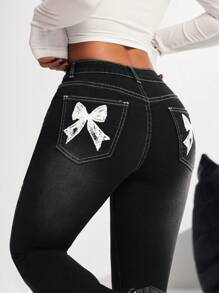 SHEIN PETITE Women's Sexy Stretchy Flare Jeans With Bowknot Detail, Black - Black - View 6